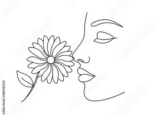 Woman's Face Profile With Daisy Flower Line Art abstract