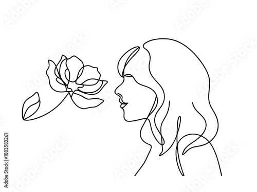 Woman's profile in one line drawing with a flower face