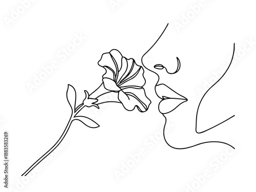 Woman's profile smelling a flower line art face