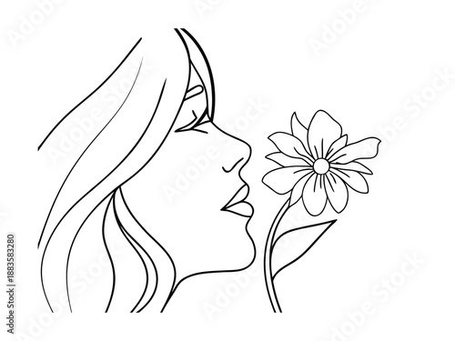 Woman's Profile Smelling a Flower Line Art face head