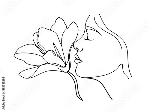 Woman's profile smelling a flower line art face