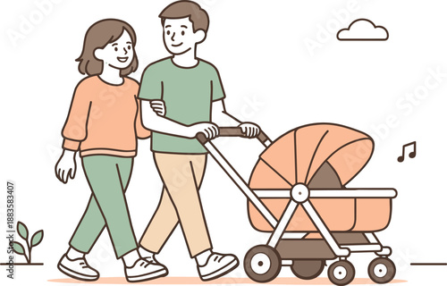 Family Stroll. A mother and father taking a walk while pushing a baby stroller, clean flat line illustration showing relaxed