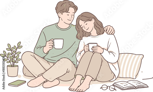 Calm Morning Companionship. Partners sharing a quiet slow morning routine, sitting comfortably side by side with gentle gestures