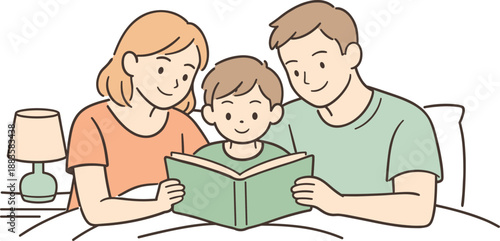 Bedtime Storytime Moment. A mother and father sharing a bedtime story with their child, clean flat line illustration showing