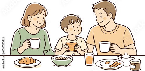 Relaxed Family Breakfast. Family enjoying a relaxed weekend breakfast, two adults and a child seated close with calm smiles and