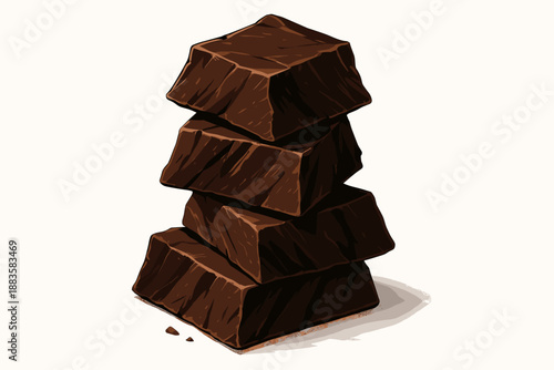 Rich Chocolate Chunks. Close-up of rich chocolate chunks stacked on a clean white surface, sharp textures and deep tones, ideal