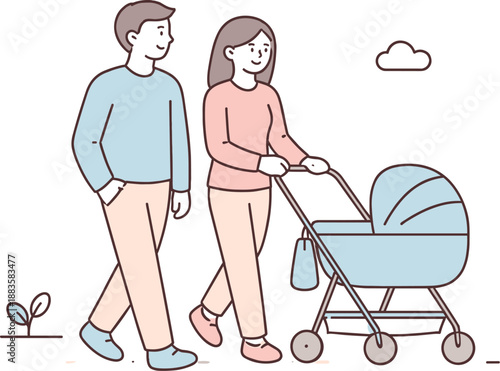 Strolling Family Scene. Two parents walk together pushing a baby stroller, moving calmly during a daily outing, minimalist flat