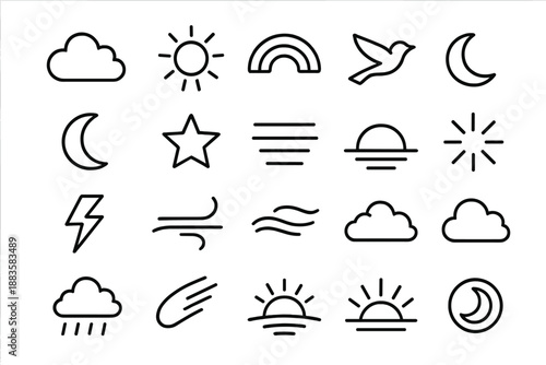 Line Style Sky Icons. Line style icons of Skyscapes: cloud, sun, rainbow arc, bird, moon, star, mist, horizon, lightning, sky