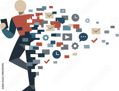 Image Generation. Abstract geometric human figure partially dissolves into repetitive task shapes becoming unstable pattern