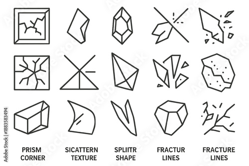 Glass Fragments Icons. Line style icons of glass fragments: broken mirror, sharp edge, crystal piece, reflection ray, cracked pane