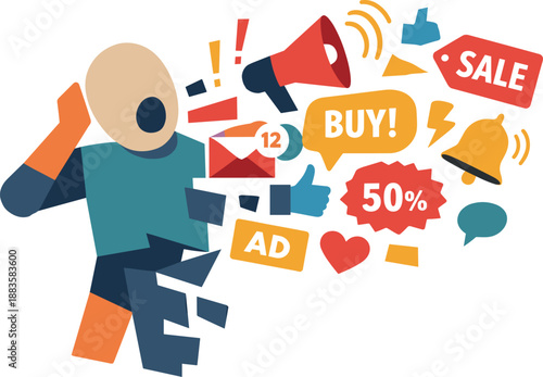 Image Generation. Abstract geometric human figure appears partially fragmented as shouting icons overlap body representing