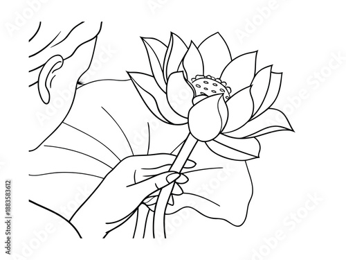 Line art of a hand holding a lotus flower with a bud