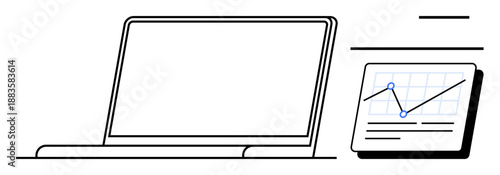 Open laptop next to analytics graph with line chart and data points. Ideal for business, technology, data analysis, productivity, teamwork, monitoring, and performance. Simple flat metaphor