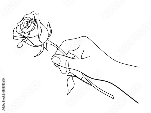 Line art of a hand offering a single rose flower stem
