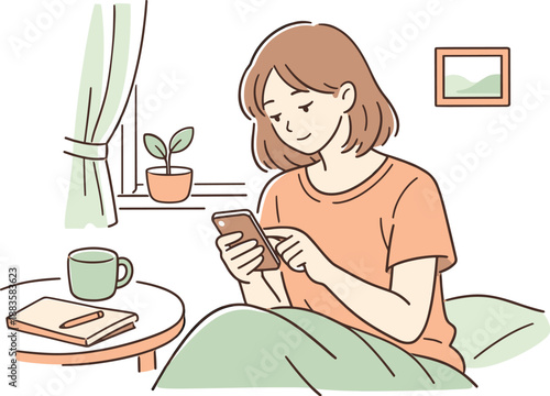 Morning Message Serenity. Woman checking messages in the morning light, seated quietly with gentle focus and peaceful expression,