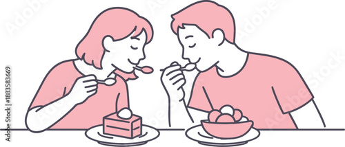 Couple Sharing Dessert. Couple leans toward each other tasting dessert from shared plates calmly Minimalist flat line vector