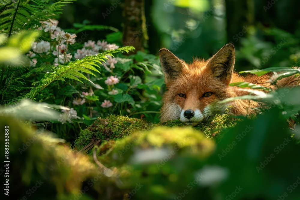 Fototapeta premium Gentle forest habitat: red fox among ferns and mossy rocks