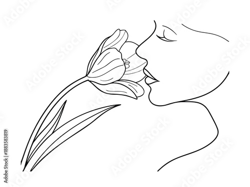 Minimalist line drawing of a woman smelling a tulip