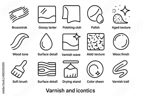 Varnish Icons Collection. Line style icons of varnish and finishing: brush stroke, glossy layer, polish cloth, color tint, light