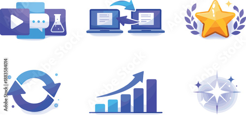 Remote Knowledge Transfer Symbols. Interactive study infographic-style scene communicating remote knowledge transfer, six symbolic