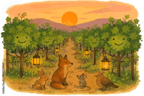 Sunset Vineyard Gathering. Vineyard at sunset with smiling rows of vines, lanterns glowing, and animals gathering for a peaceful