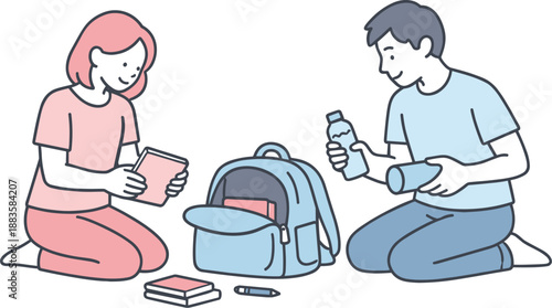Parents Packing Backpack. Parents kneel beside a backpack checking items before closing it calmly Minimalist flat line vector