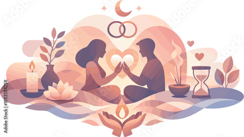 Abstract Love Ceremony. Abstract love ritual illustrated with flowing shapes, unity symbols, and soft emotional balance, modern