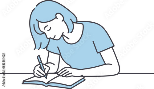 Quiet Reflections. Woman leans over a table jotting down personal thoughts in a notebook quietly Minimalist flat line vector