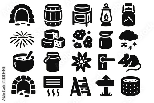 Alpine Cheese Cellar Icons. Solid style icons of Alpine Cheese Cellar: stone cave, wooden barrel, aging rack, hanging lantern,