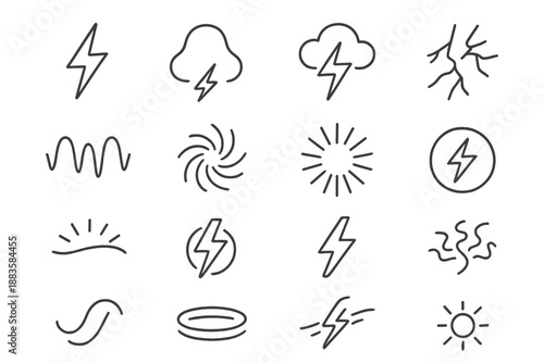 Lightning Energy Icons. Line style icons of Lightning and Energy: bolt strike, electric arc, cloud pulse, spark path, magnetic