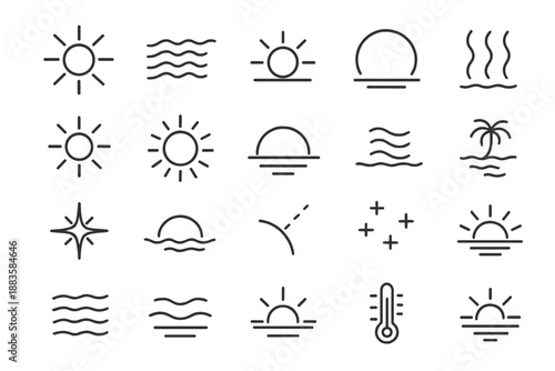 Sunlight and Heat Icons. Line style icons of sunlight and heat: sunbeam, ray wave, reflection line, light halo, heat shimmer,
