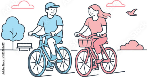 Cycling Companions. A couple rides bicycles side by side along a quiet park path, enjoying time together, minimalist flat line