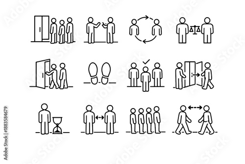Icons sidewalk access etiquette line patience focus wait respect social urban icon