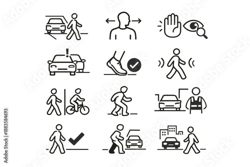 Awareness vigilance sidewalk icon pedestrian vector check step car crossing urban