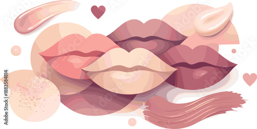 Flowing Kiss Silhouettes. Abstract romantic composition built from flowing lip silhouettes and cosmetic texture hints, modern flat