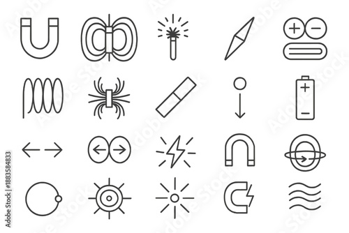 Magnetic Force Icons. Line style icons of magnetic force: horseshoe magnet, magnetic field lines, iron filings, compass needle,