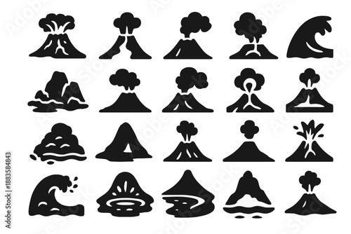 Volcanic Island Eruption Scene. olid style icons of Volcanic island new island: erupting volcano, lava flow, rising smoke, ocean