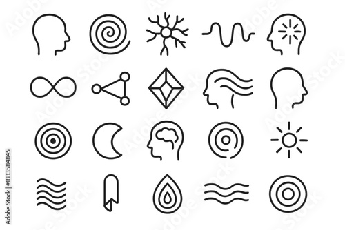 Memory Symbol Icons. Line style icons of memory symbols: open mind, spiral thought, neuron path, brain waves, recollection spark,