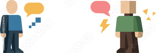 Generational Communication Divide. Abstract geometric human figure faces another across wide empty space with mismatched symbol