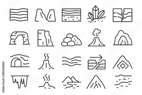 Geological Formation Icons. Line style icons of Geological Formations: rock layer, canyon ridge, sediment bed, crystal vein, stone