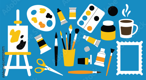 Hand Drawn Art Tools Vector Illustration Set with Mannequin Hand, Easel, Canvas, Scissors, Ink, Brushes, Pencils, Paint Palettes, Oil Tubes, and Watercolor Paint Isolated Elements