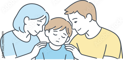 Calming Parent's Embrace. Parents lean toward a tired child offering calm comfort and reassurance Minimalist flat line vector