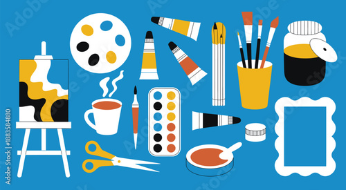 Hand Drawn Art Tools Vector Illustration Set with Mannequin Hand, Easel, Canvas, Scissors, Ink, Brushes, Pencils, Paint Palettes, Oil Tubes, and Watercolor Paint Isolated Elements