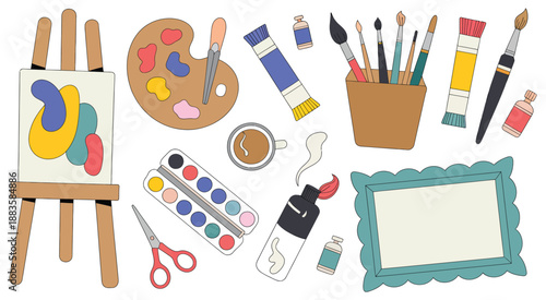 Hand Drawn Art Tools Vector Illustration Set with Mannequin Hand, Easel, Canvas, Scissors, Ink, Brushes, Pencils, Paint Palettes, Oil Tubes, and Watercolor Paint Isolated Elements