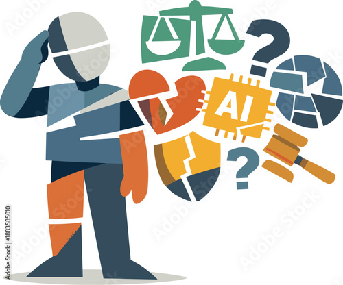 Image Generation. Abstract geometric human figure appears partially fragmented as ethical symbols overlap and misalign