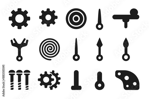 Mechanical Precision Icons. Solid style icons of Mechanical precision: cogwheel, pinion, spring barrel, regulator index, pallet