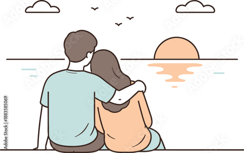 Serene Sunset Together. Couple sits close together enjoying a calm sunset moment in silence Minimalist flat line vector