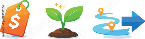 Spring Strategy Icons. Market activation theme portrayed through clear spring strategy symbols, three symbolic icons arranged