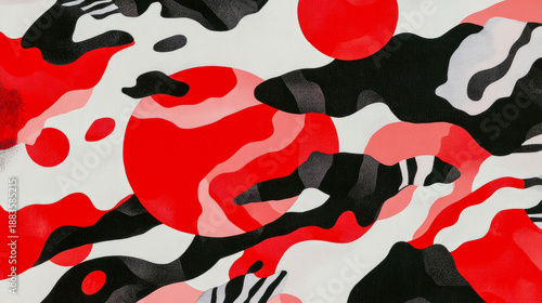 Striking modern abstract art composition featuring bold red circles and undulating black organic shapes with textured details, creating vibrant and dynamic visual interplay on crisp white background.