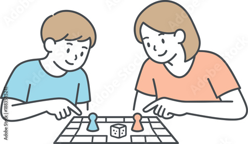 Family Board Game Strategy. Two family members lean toward a board game deciding their next move together Minimalist flat line